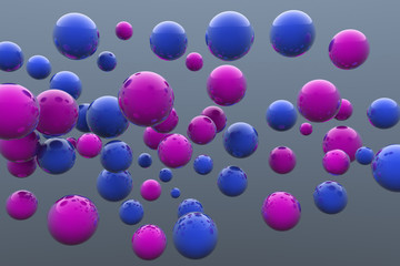 Floating blue and pink balls. 3D render image.