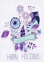 Fototapeta premium purple flowers bouquet with happy holidays ribbon
