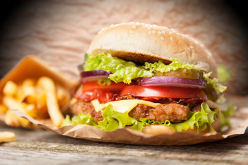Delicious hamburger and fries