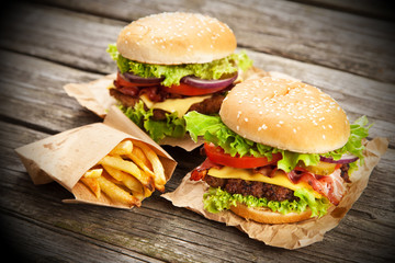 Delicious hamburger and fries