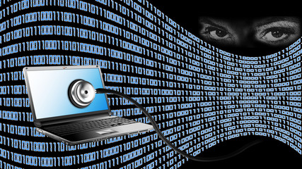 NSA Spionage, Abhörskandal,  Daten sammeln. Laptop mit Stethoskop
