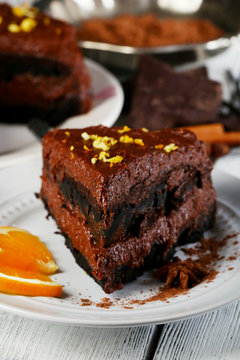 Chocolate cake on table, close-up