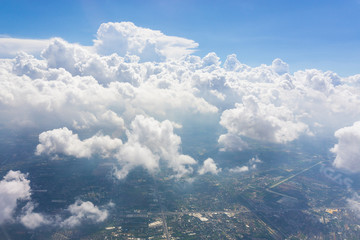 Blue sky white cloud. city with tall buildings.