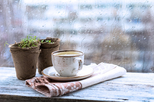 Cup with warm drink on wooden table in front of window with rain drops, rainy weather. Moody still life. Cold pale tones, horizontal image