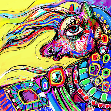 original abstract digital drawing of colored head horse