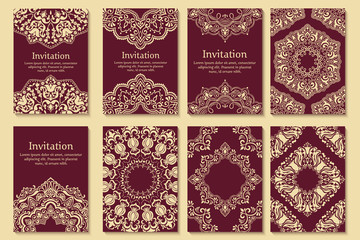 Set of invitations, cards with ethnic henna elements. Arabesque