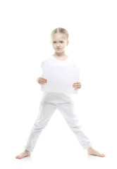 Beautiful girl holding a white sheet of paper
