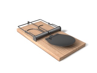 3d mouse trap with wooden body and metal details.side view.