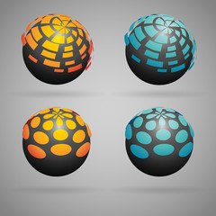 Set of vector sphere symbol, orange shapes on the grey background