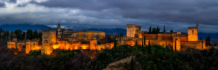 Alhambra Granada. Panoramic Night view of palace. Arabic fortress of Alhambra, Granada, Spain