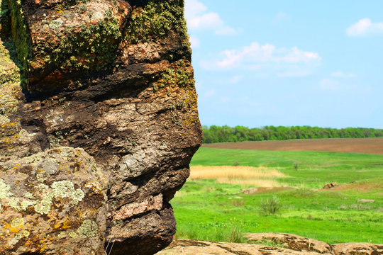 Old rock with lichen and moss like the human face against of mea