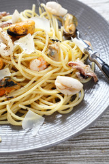 Spaghetti with seafood Close-up