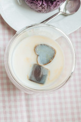 Pudding with blueberries and Iced coffee