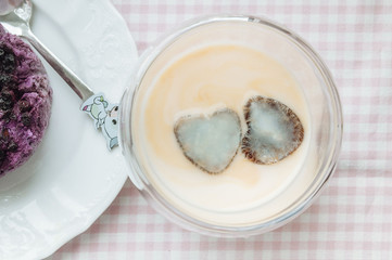 Pudding with blueberries and Iced coffee