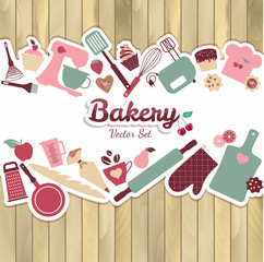 Bakery and sweet abstract illustration on wood.