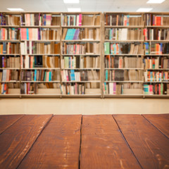 Empty wooden table and modern library background