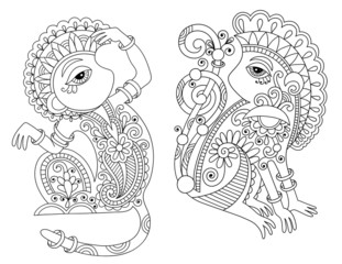 line art drawing set of ethnic two monkey in decorative ukrainia