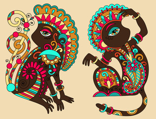 line art drawing of two ethnic monkey in decorative ukrainian st