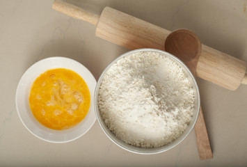 pasta homemade preparation set egg flour olive oil with roller