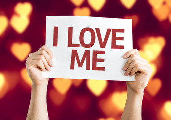 I Love Me card with heart bokeh background