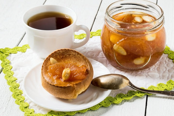Yorkshire pudding with apple jam and a cup of tea