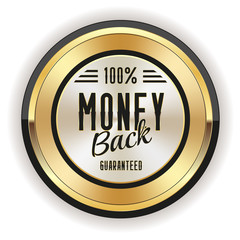 Gold money back badge with black border on white background