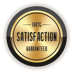 Gold satisfaction badge with black border on white background