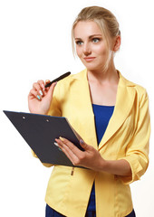 business woman with a folder and pen in hand