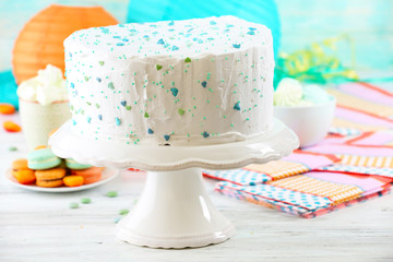 Birthday decorated cake on colorful background