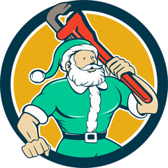 Santa Claus Plumber Monkey Wrench Circle Cartoon