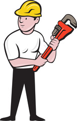 Plumber Holding Monkey Wrench Cartoon	