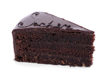 Piece of chocolate cake isolated on white
