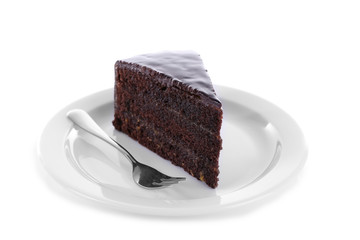 Piece of chocolate cake isolated on white