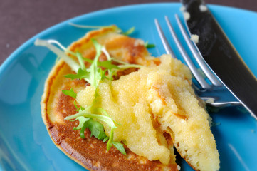 pancake with capelin roe and quail egg