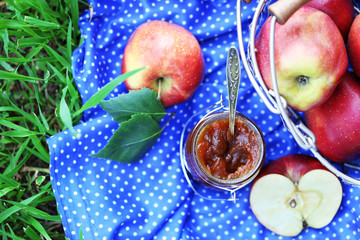 Apple jam in jar and fresh red apples on grass