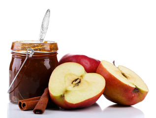 Apple jam in jar and fresh red apples isolated on white