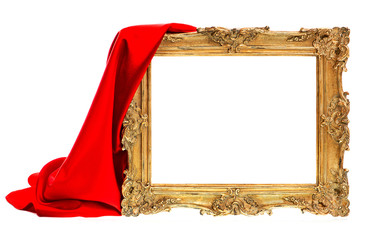 Golden antique frame with red silk decoration isolated on white