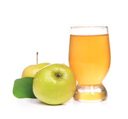 Glass of apple juice and apples, isolated on white