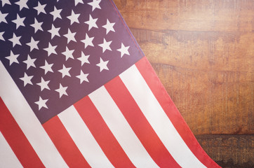USA Stars and Stripes Flag on Dark Wood