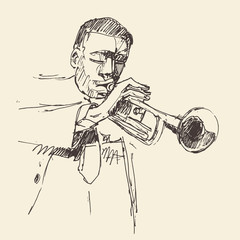 JAZZ Man Playing the Trumpet  Hand Drawn, Sketch