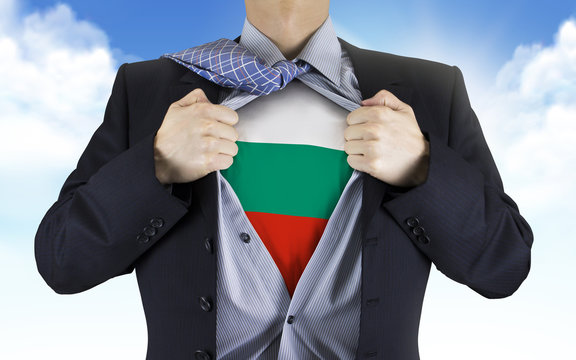 businessman showing Bulgaria flag underneath his shirt