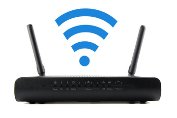 Black Wireless Router isolated on white background  - obrazy, fototapety, plakaty
