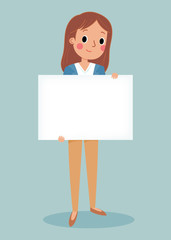 illustration of smiling young girl holding white blank sign