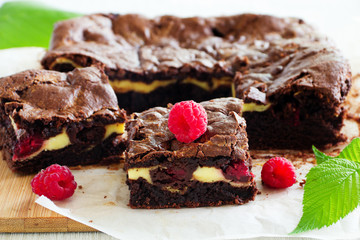 Chocolate brownie with raspberries and mascarpone.