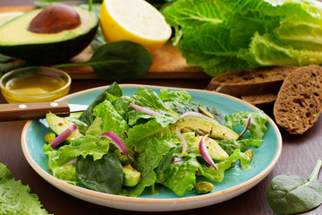 Dietary salad with Romano, onions, pistachios and avocado