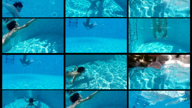 Woman swims and dives in the beautiful swimming pool,Video clip