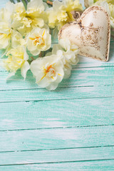 Background with fresh daffodils and heart