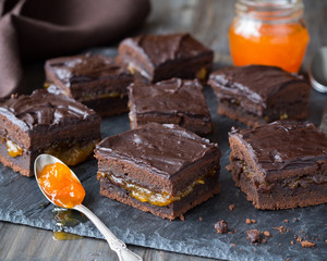 Homemade chocolate pie with apricot jam and chocolate coating