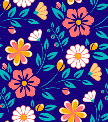 Fototapeta na wymiar Seamless spring flower pattern on blue background.