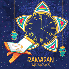 Creative clock and Quran Shareef for Ramadan Kareem.